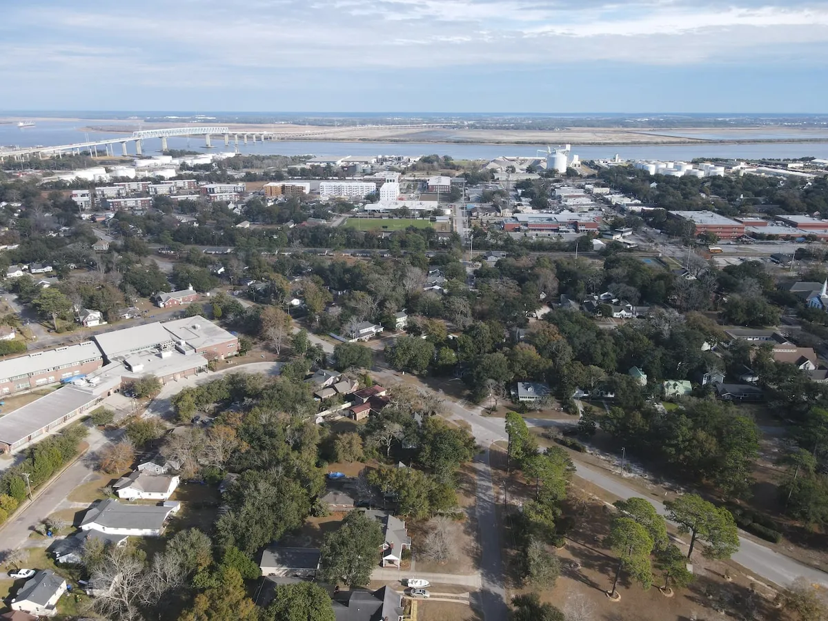 A sweeping view of the river with a bridge spanning across, the downtown area visible in the background, a residential neighborhood in the foreground, and lush greenery framing the scene. The image captures the proximity of urban life to tranquil, scenic outdoor spaces.